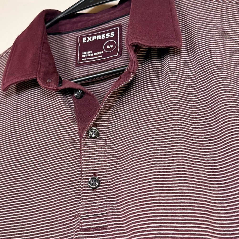 Express Men's Maroon and White Striped Polo Shirt